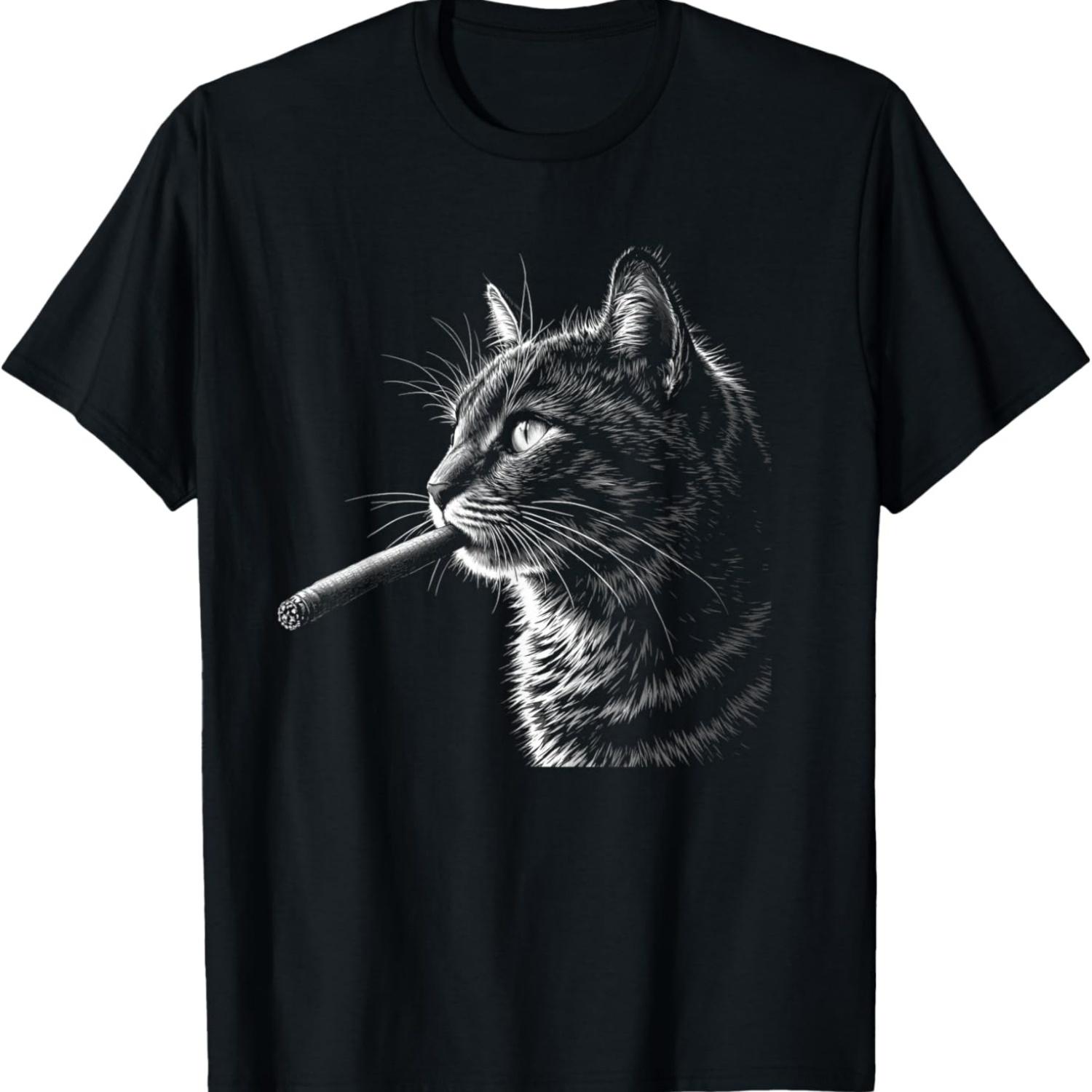 Cat Smoking Cigar Cigarette, Funny Smoker Hipster Black T-Shirt S чёрный