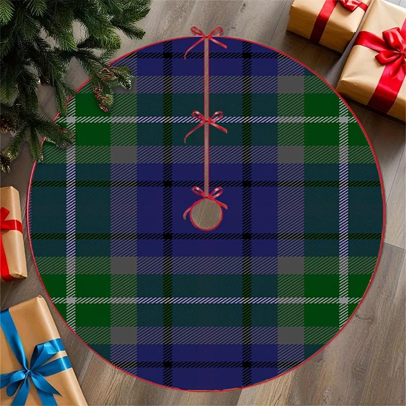 2D Flat, 2D Flat, 1pc, Blue Green White Black Plaid Fabric Christmas Tree Skirt, 2D Flat Printing, Suitable for Christmas Trees, Festive Theme, Soft S