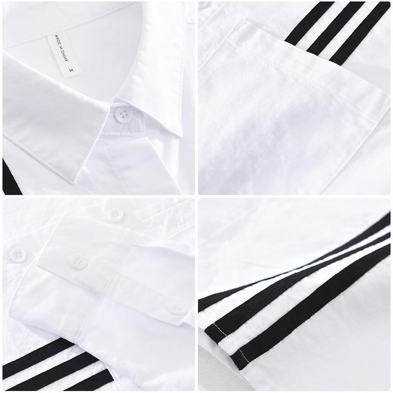 Korean Fashion Men Long Sleeve Shirt Street Style Stripes Patchwork Shirt Spring and Autumn Pure Cotton Casual Tops Youth White Shirt