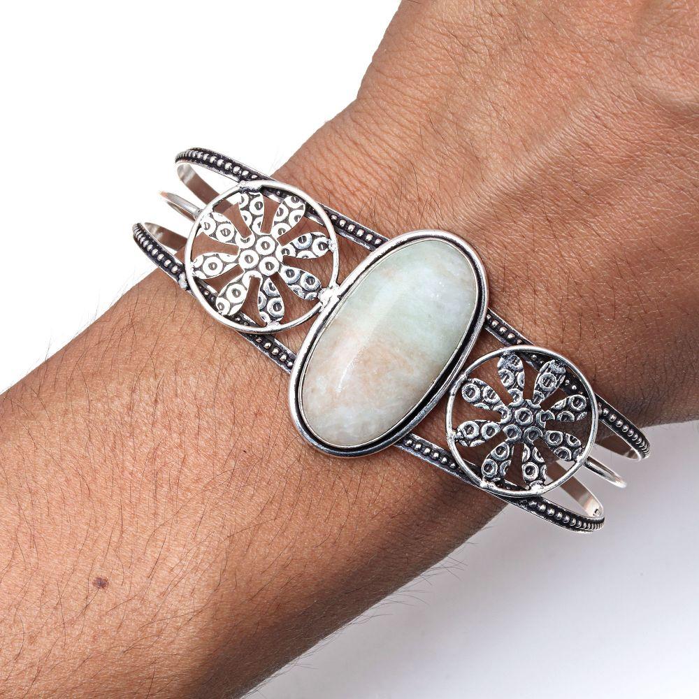 Pierre précieuse Septaria verte Bijoux en argent faits main Bracelets manchettes 7'' Réglable