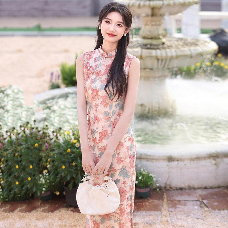 Pink sleeveless national style new Chinese daily long cheongsam improved young new women s high sense S