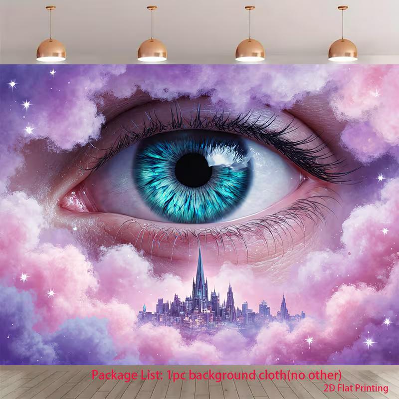 

2D Aesthetic Dreamy Backdrop, Giant Eye with Pink Purple Clouds Banner 47.2x31.5inch/120*80cm