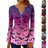 Women's Halloween Print V-Neck Long Sleeve Bell Sleeve Pleated Button Blouse