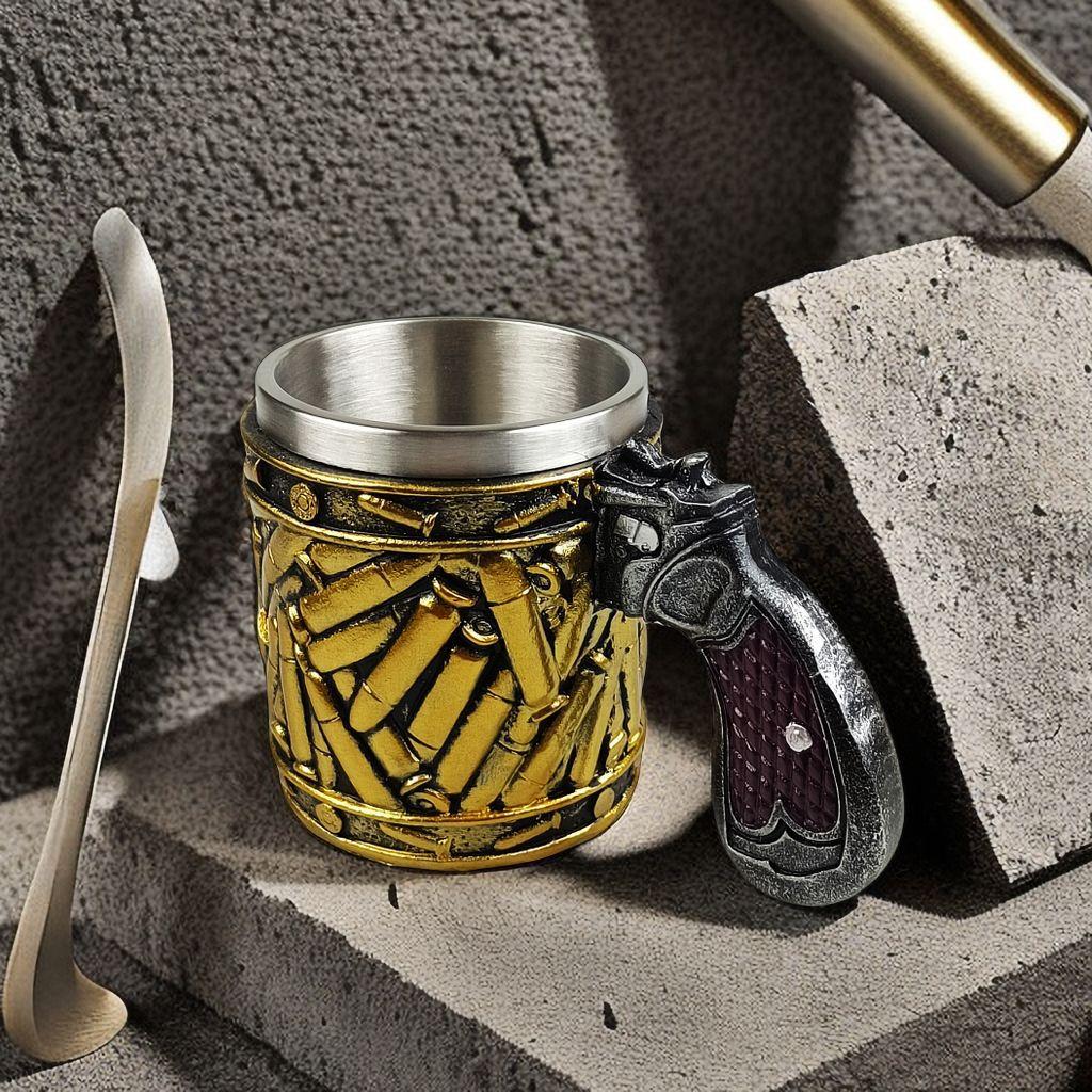 450ml Gun Mugs Revolver Gun Pistol Tankard Mug With Ammo Round Shells Mugs Cup Birthday Christmas Halloween Gift Kitchen Tools