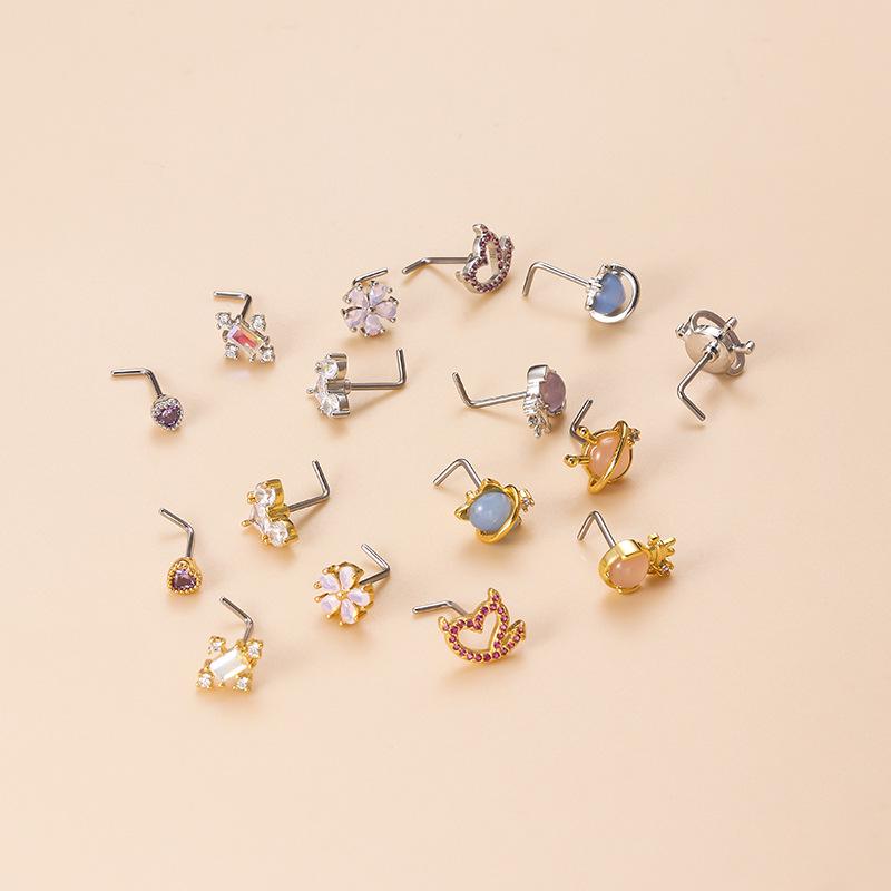 Trendy European & American Zircon Nose Stud: Floral, Heart & Geometric Shapes In Stainless Steel