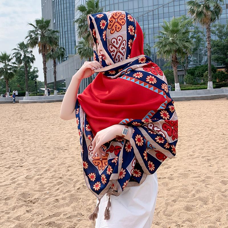 New Summer Elegant Women Silk Scarf Beach Long Wrap Shawl Vintage Red Print Sunscreen Bandana Hijab Mujer Bohemian Scarve Pareo
