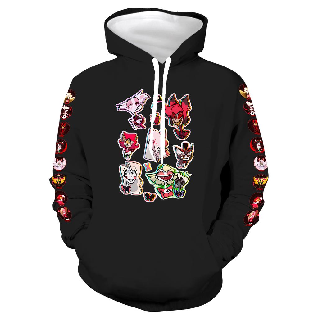 Hazbin Hotel Cute Character Stickers Print Hoodie Cartoon Long Sleeve Pullover Hooded Sweatshirt For Anime Lovers