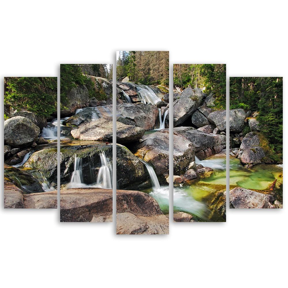 Five Piece Picture Canvas Print Waterfall Forest Brook Rocks