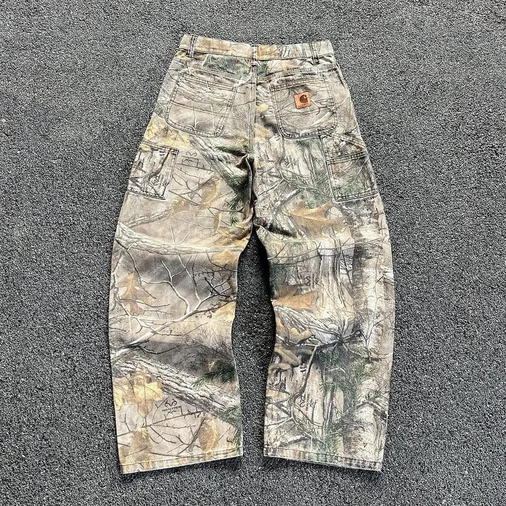 Summer Washed New Camouflage Pants Branches, Men's American Old Wide-leg Loose Straight Jeans