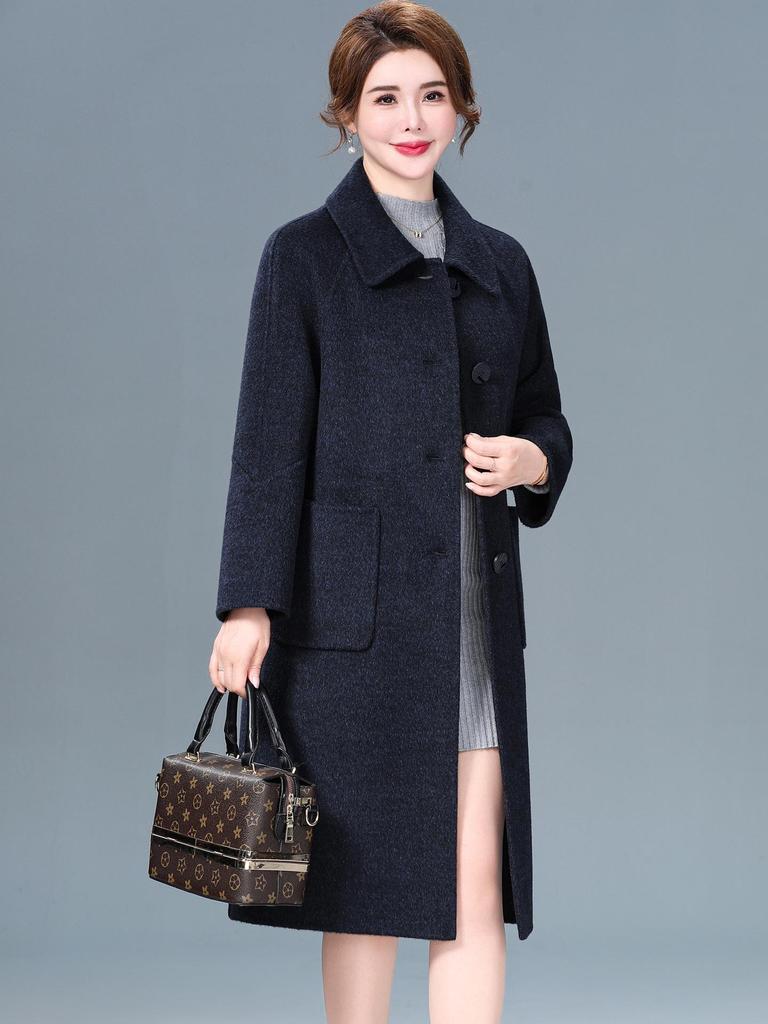 Płaszcz kaszmirowy dwustronny średniej długości mamy - Rozmiar plus, Luźny krój, Wysokiej klasy wełniany płaszcz wierzchni jesienno-zimowy dla kobiet w średnim wieku i starszych.