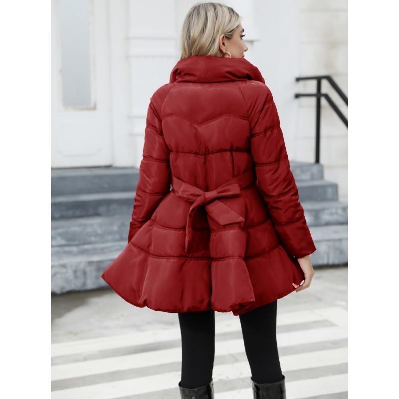 European and American Coat New Design Sense Slim-fit Vertical Collar Women's Mid-length Thickened Waist Cotton-padded Jacket