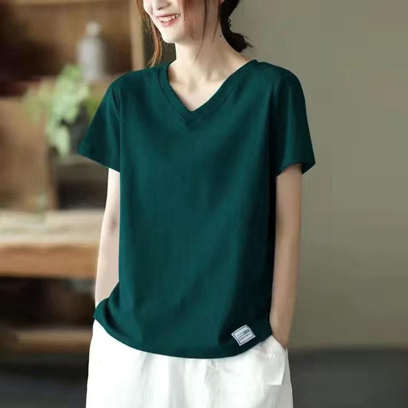 Belly-covering Shirt Loose Short-sleeved Summer New Versatile V-neck Design Labeling T-shirt Women