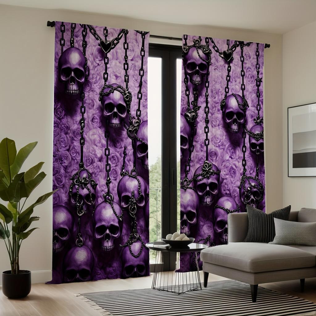 Purple Gothic Skull Chain Curtains Pocket Rod Digital Print Polyester Bedroom Living Room All Season Decor Curtain Sheer For Sitting Made Of