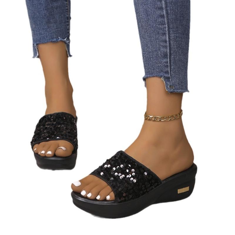Thick-bottomed cool slippers for women's outer wear summer new fashion slope heel one-word drag for women's casual sequins beach sandals