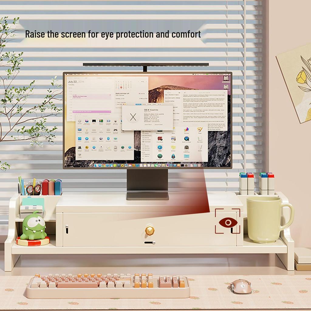 Desktop Monitor Stand with Drawer and Storage Shelf