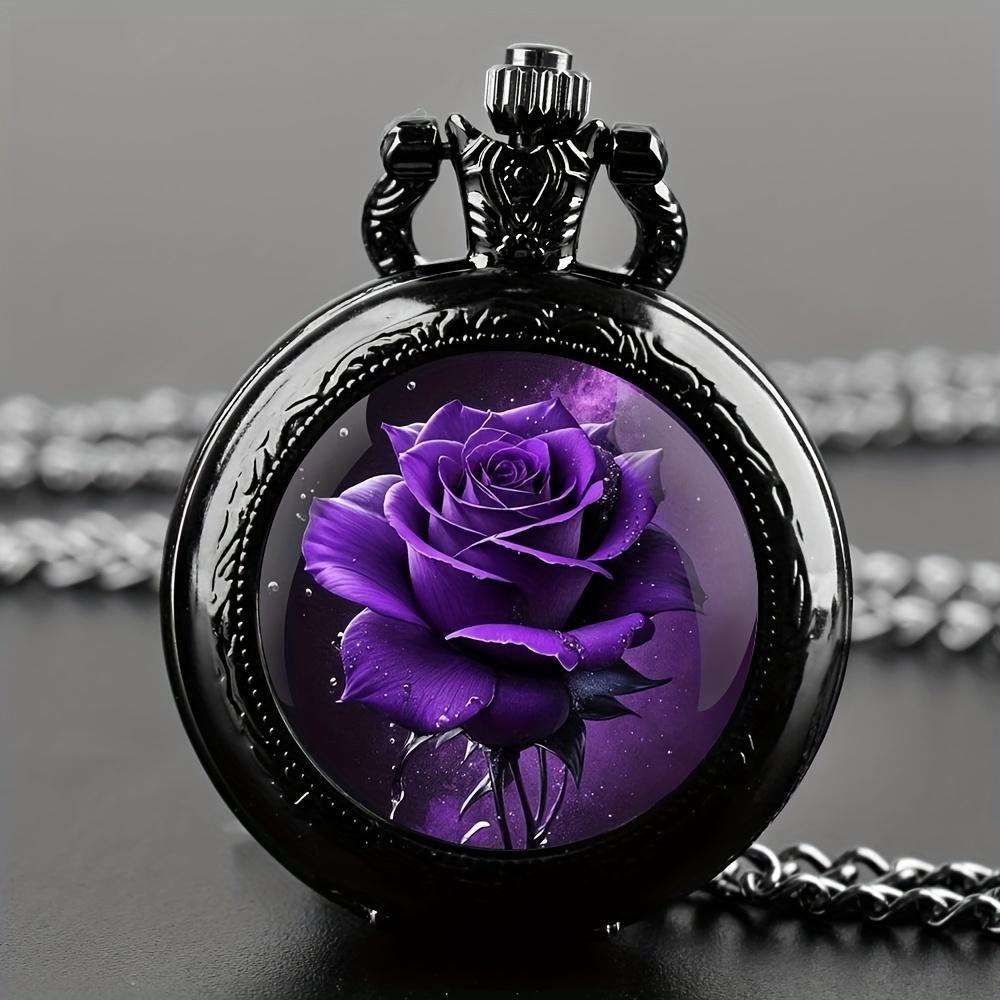 

Women s Purple Rose & Black Glass Pendant Quartz Pocket Watch Necklace, Elegant Floral Design for Casual or Formal Outfits чорний