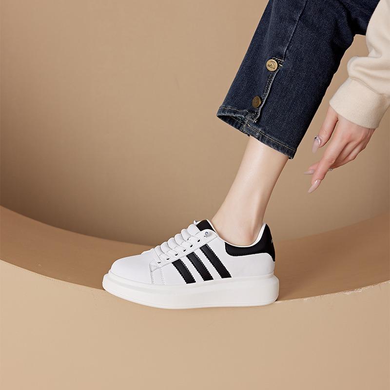 Spring Small Size Casual Shoes for Women, Thick-soled Leather Little White Shoes for Women, Lace-up Color Matching Student Shoes