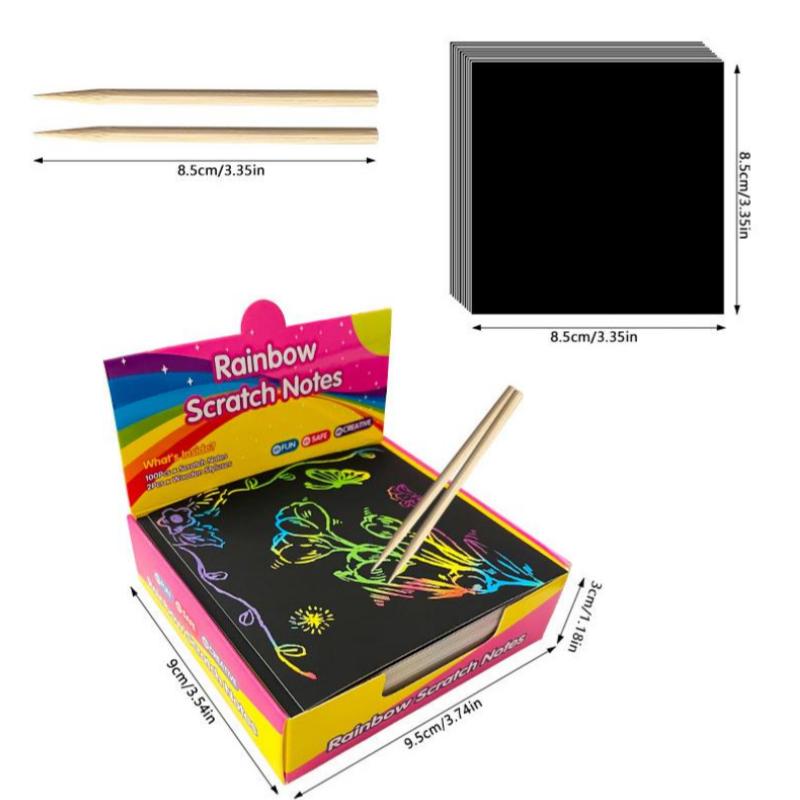 1 Box of 100 Rainbow Scratch-Off Mini Art Sticky Notes, Handmade Art Party Supplies, Birthday and New Year Gifts, Creative Colorful Doodles
