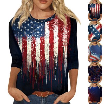 Women's Fashionable Casual Round Neck Three-quarter Sleeve Independence Day Printed T-shirt Top