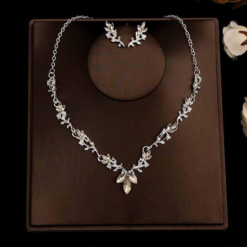 Korean Bridal Necklace & Earrings Set - Rhinestone & Pearl Wedding Accessories