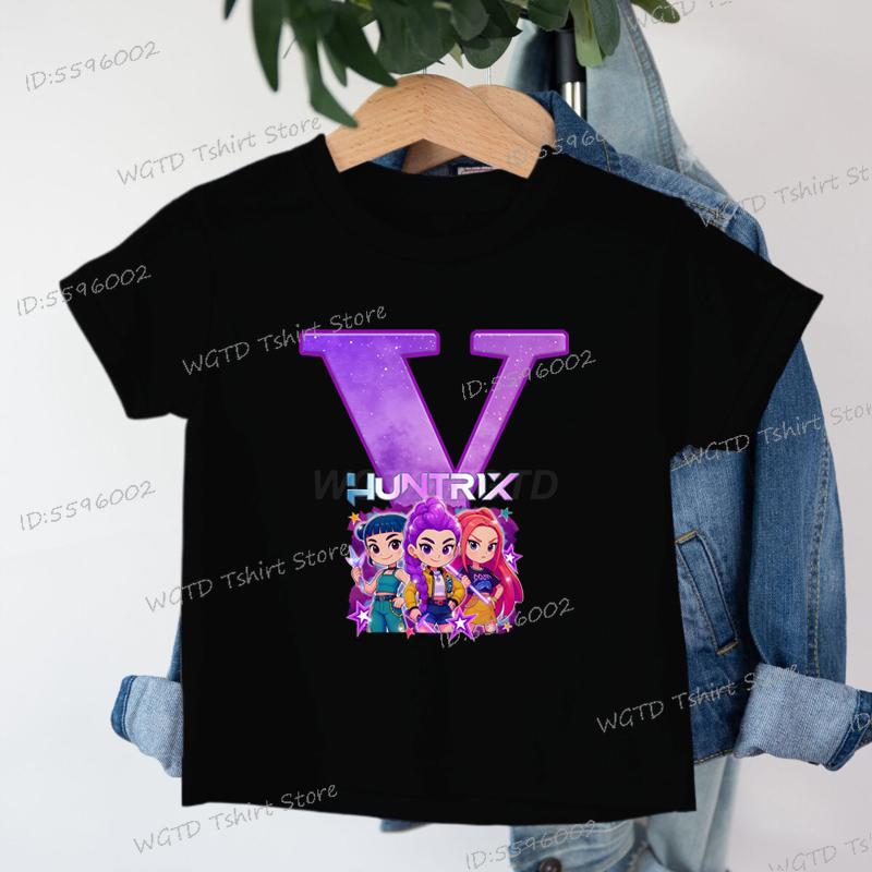 Clothes Child Girl KPop Demon Hunters Letters T-shirt for Children Cartoon Girls Boys Cotton Tee A-Z 26 Alphabet Kids Clothes
