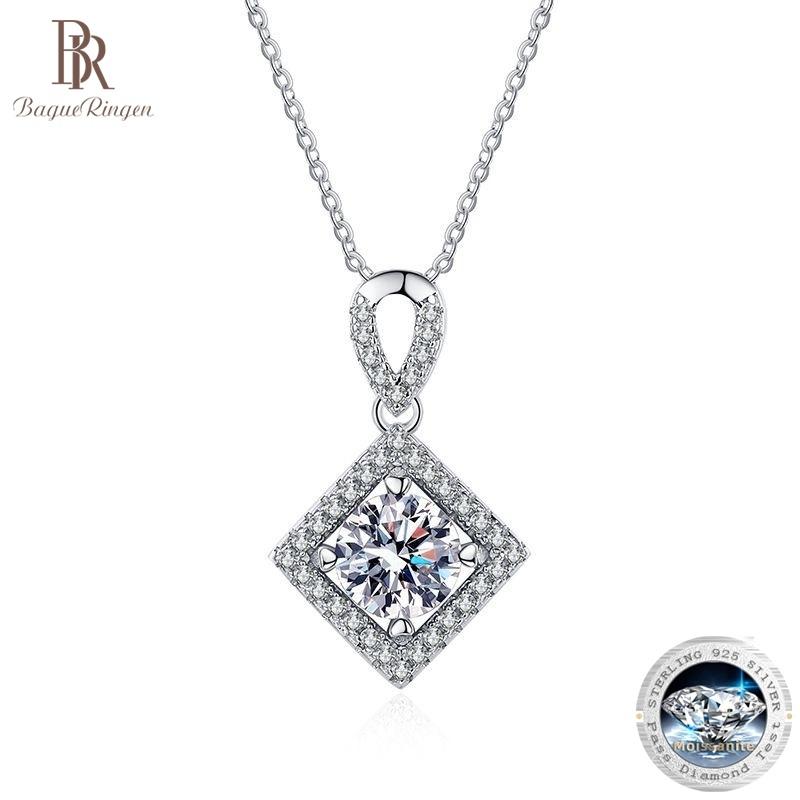 Bague Ringen S925 Sterling Silver Set 1ct Moissanite Pendant Geometric Square Micro Studded Diamond Necklace For Girlfriend Valentine's Day Gift