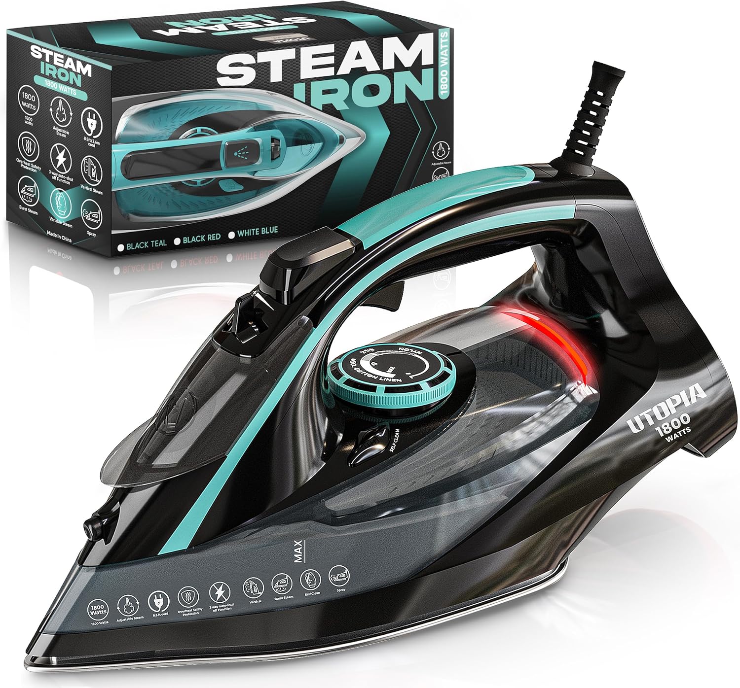 

1800W Steam Iron with Non-Stick Soleplate, Auto-Off, Adjustable Thermostat & Steam Control, Self-Clean, 8ft Cord (Black/Red) Pack of 1