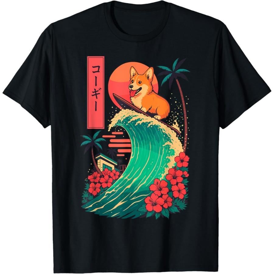 Corgi Surfing Japanese Wave T-Shirt S