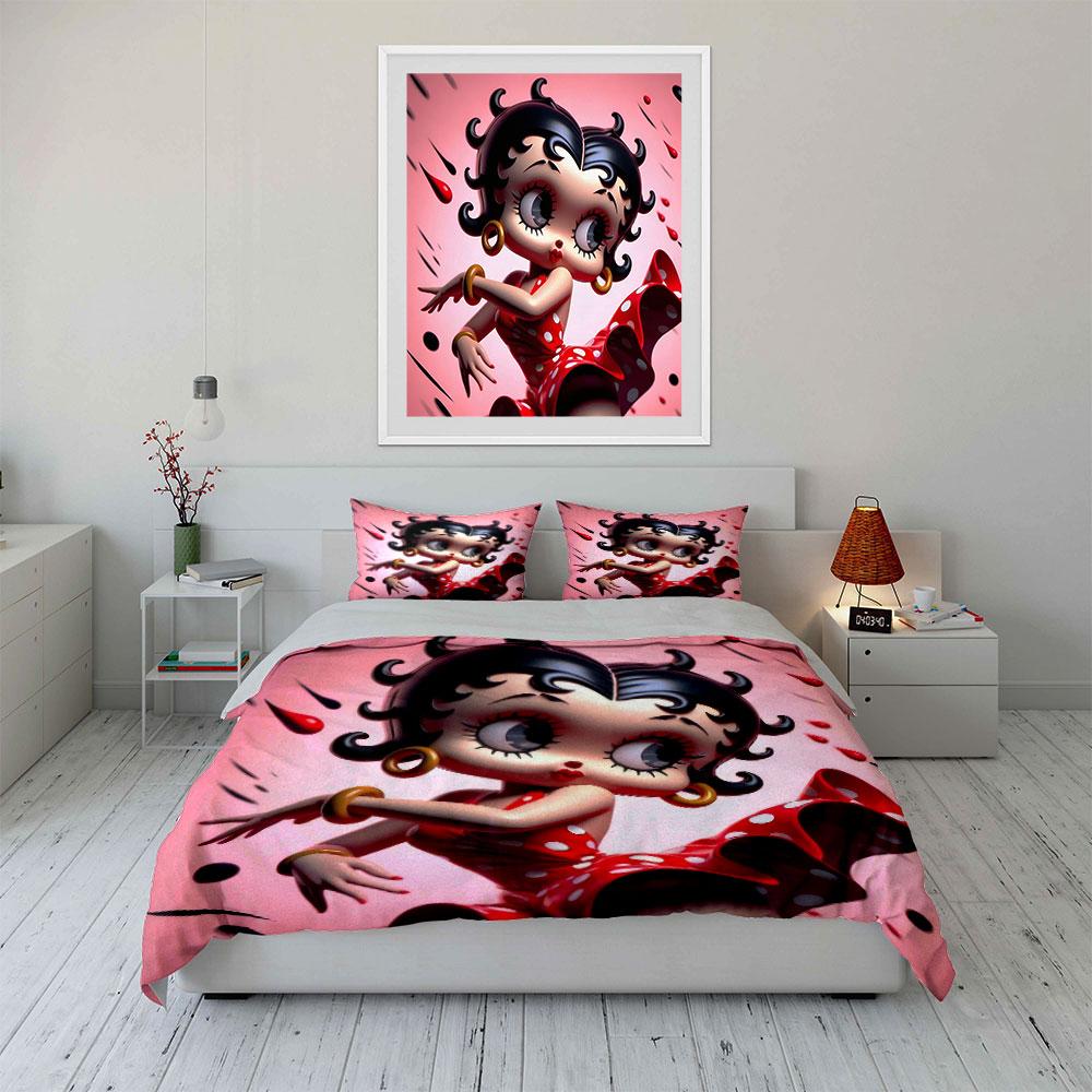 Vintage cartoon character Red Polka Dot Dress Duvet Cover SetRetro Pinup Cartoon Bedding Includes 1 Duvet Cover 2 Pillowcase