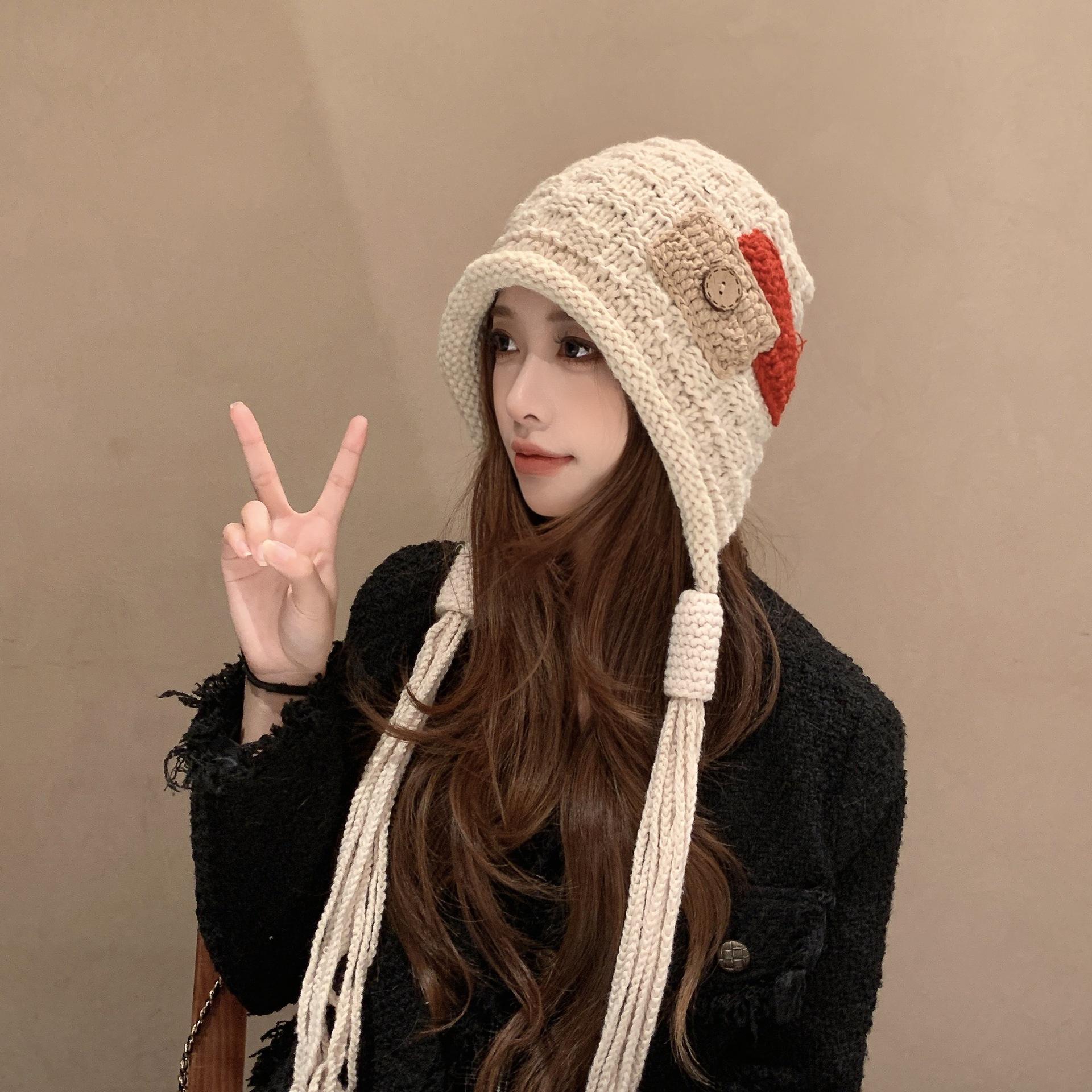 

2025 Fashion Red Wool Tassel Hat: Women s Handmade Warm Braid Knit for Autumn & Winter