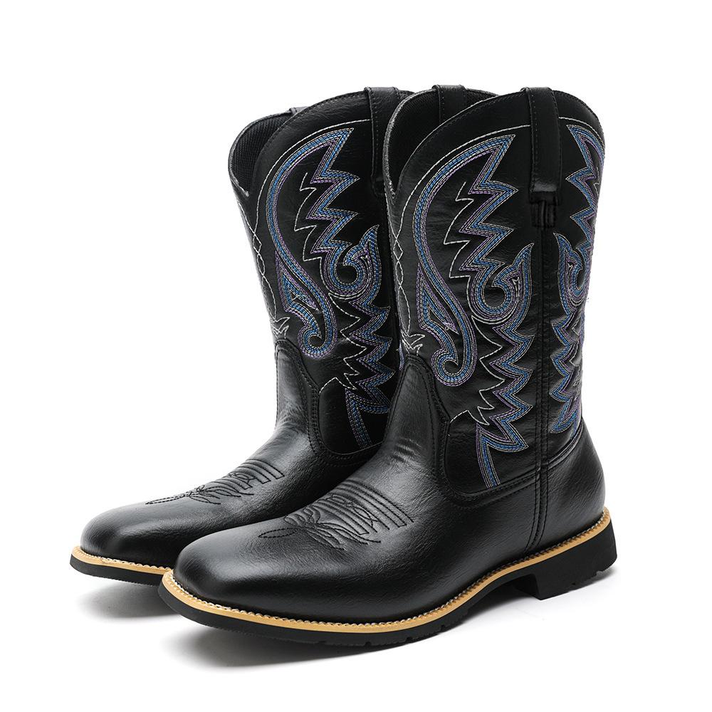 Cowboy Boots for Men Square Toe Western Boot Retro Classic Embroidered Pull On Boot Slip Resistant Boots Men's Comfor Faux Leather Mid-Calf Booties