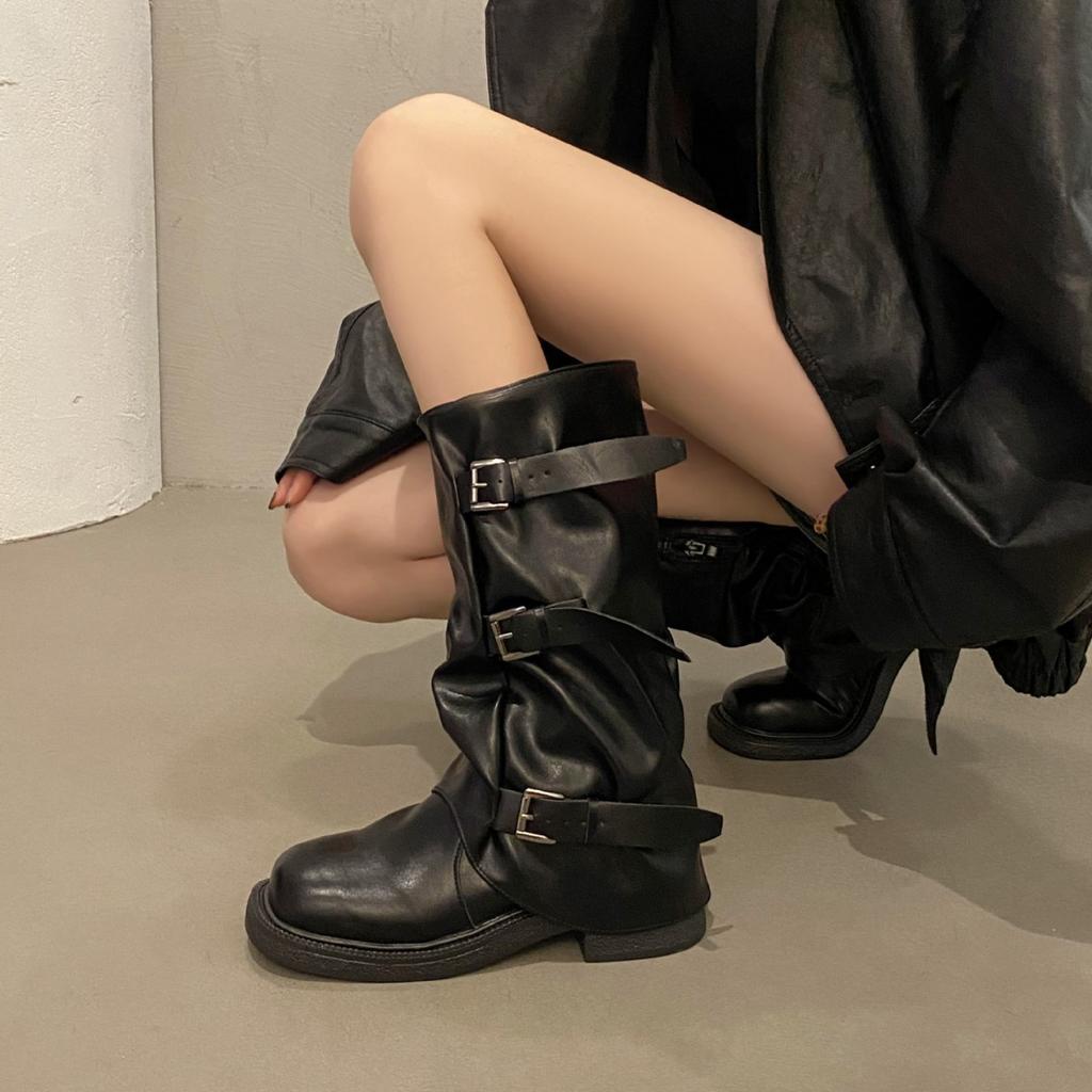 Wind retro stacked medium boots cowboy boots western old new pleated wasteland boots belt buckle women