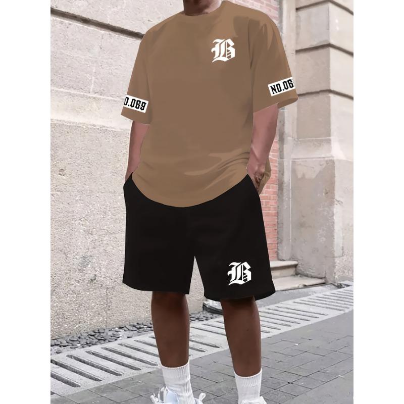 Men's Letter Pattern Casual Sports Set - Short Sleeved Shirt and Shorts