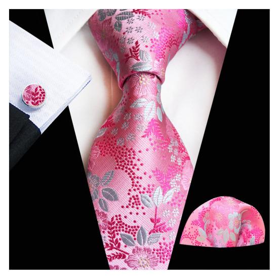 

3Pcs/Set Men Exquisite Plum Pattern Tie Pocket Scarf Cufflinks Set Vibrant Color Tie Handkerchief Brooch Cufflinks Set Suit Accessories рожевий