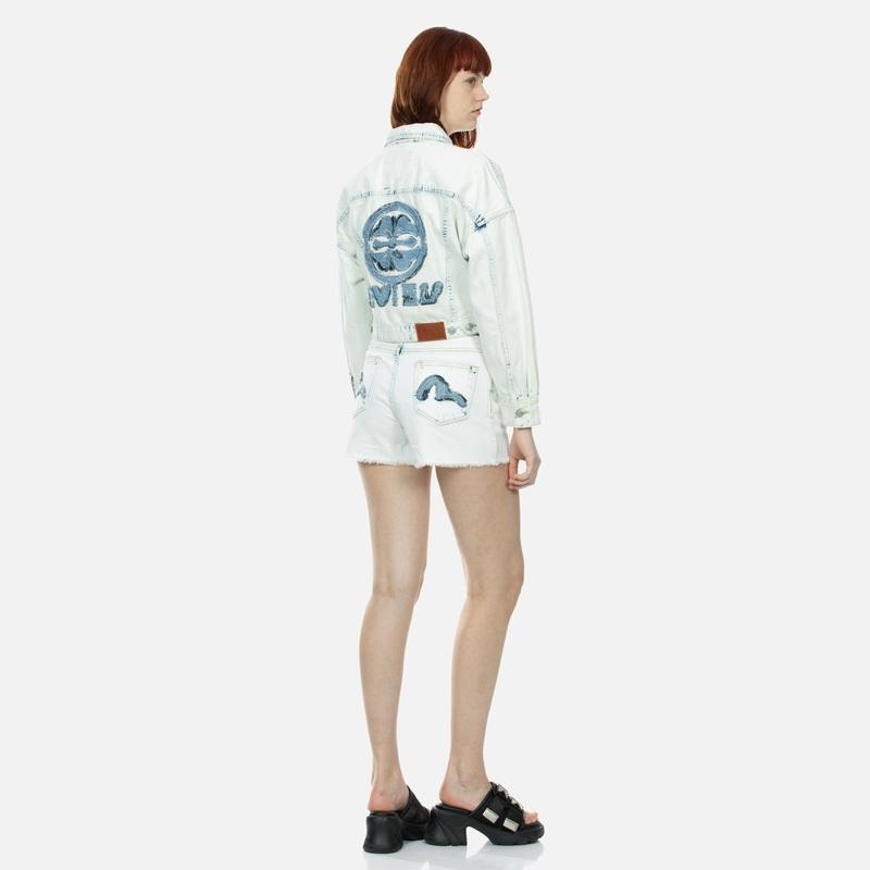 Evisu SS24 Floral And Logo Patch Fashion Denim Jacket Women Jacket Denim-Blue 2ESHTW4DJ4056FFDN