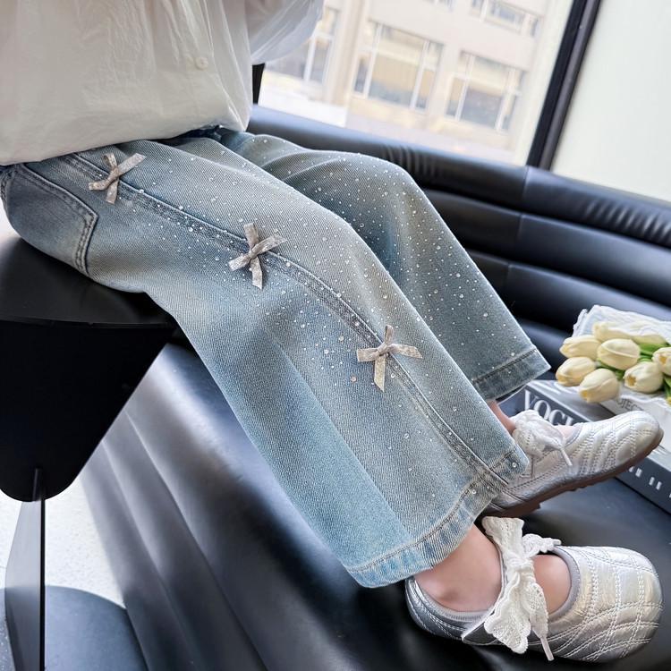 Girls' 2026 Spring Rhinestone Star Denim Jeans - Drapey Straight-Leg Casual Pants