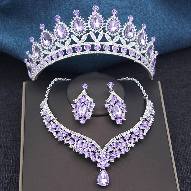 Wspaniałe Królewsko Niebieskie Kryształowe Zestawy Biżuterii Ślubnej Kolorowe Tiary Kolczyki Naszyjniki Zestaw dla Kobiet Suknia Ślubna Korona Zestaw Biżuterii