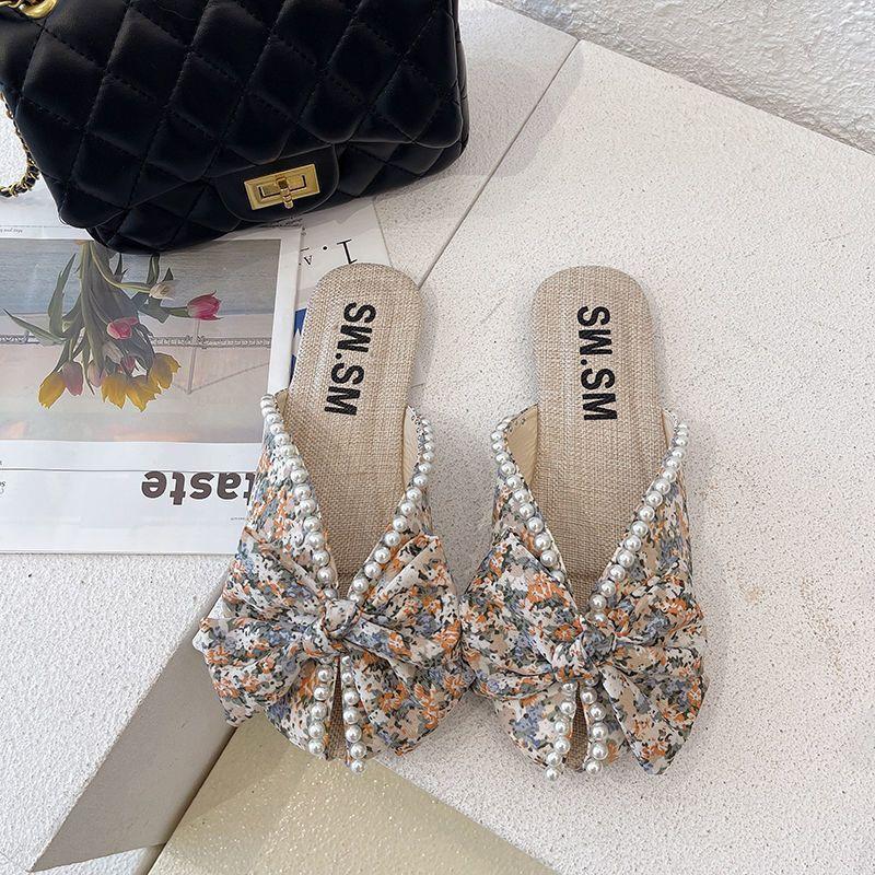 Slippers female summer wear small floral flat bottom fish mouth sandals fashion one pedal bag head half drag