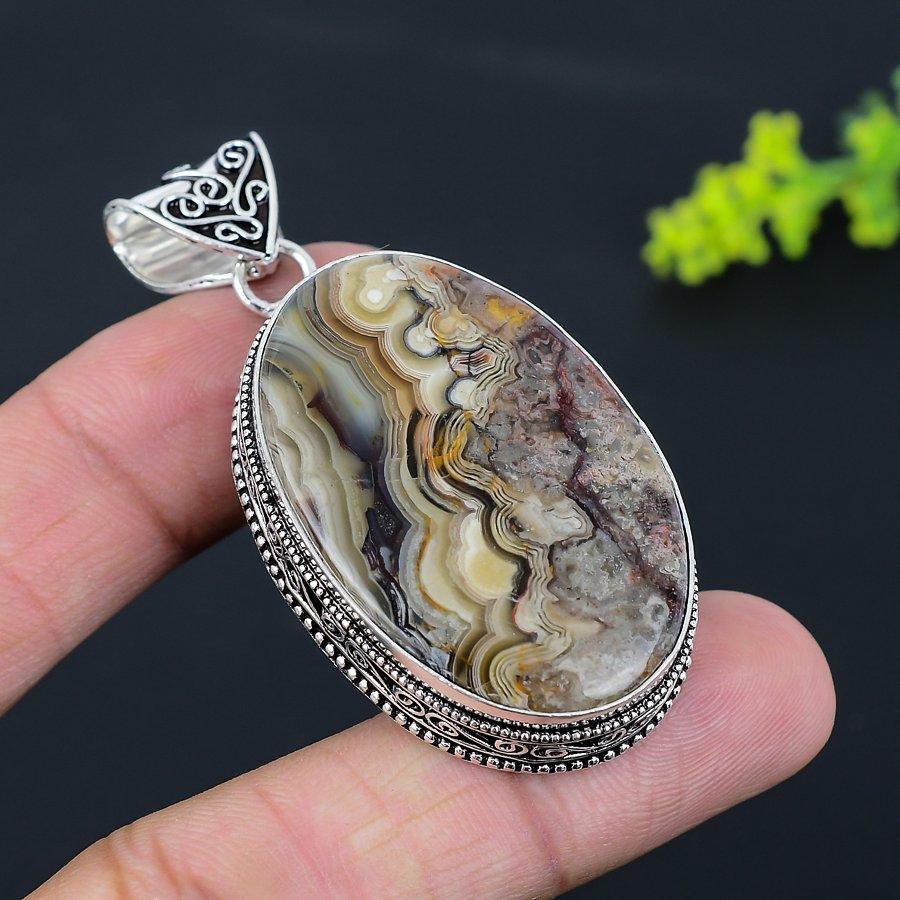 Laguna Lace Agate Gemstone 925 Sterling Silver Gift Jewelry Pendant 2.48"