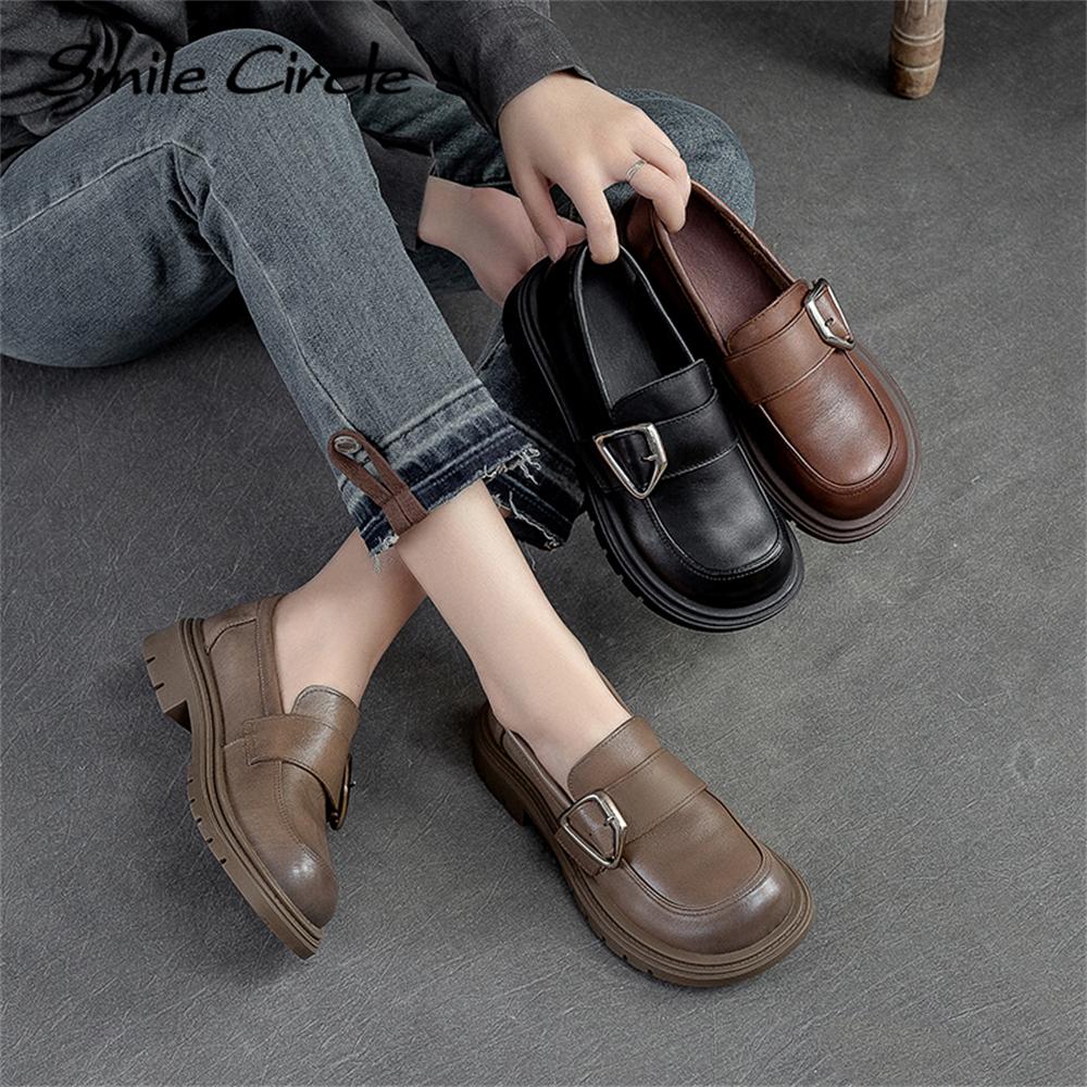 Mocassins pour femmes en cuir naturel, boucle métallique, chaussures plates tendance, tige basse, slip-on, chaussures décontractées pour femmes