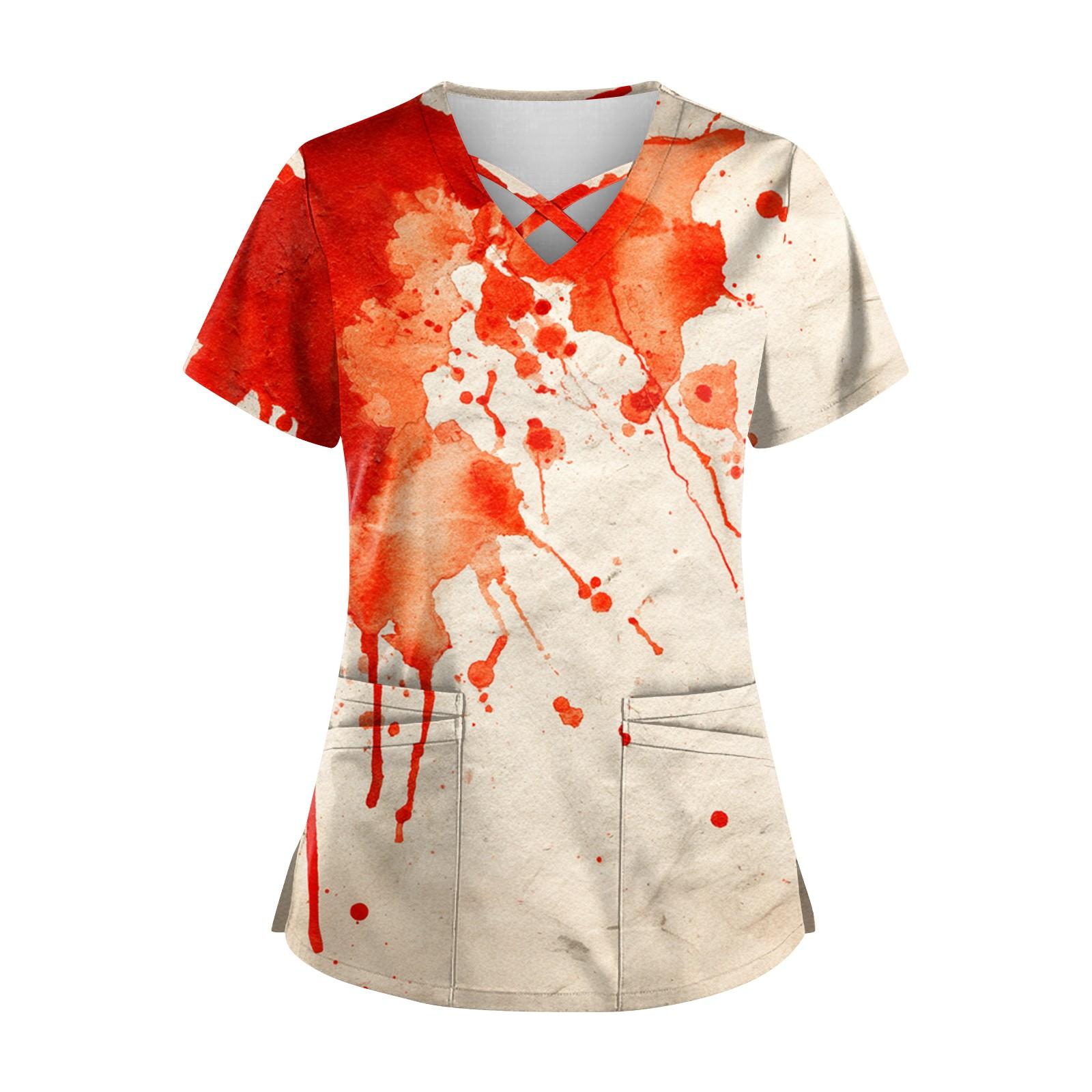 

Жіночий топ з V-подібним вирізом і кишеньковим малюнком з короткими рукавами S Кіновар