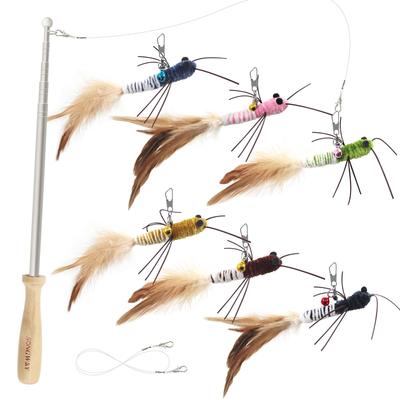SONGWAY Cat Toy Insect Cat Teaser with Wings, 6 Insects, and Tails, Solid Wood Handheld Fishing Rod