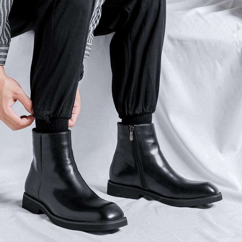 England Style Mens Chelsea Boots Fashion Square Toe Shoes Stage Nightclub Dress Cowboy Genuine Leather Boot Black Short Botas