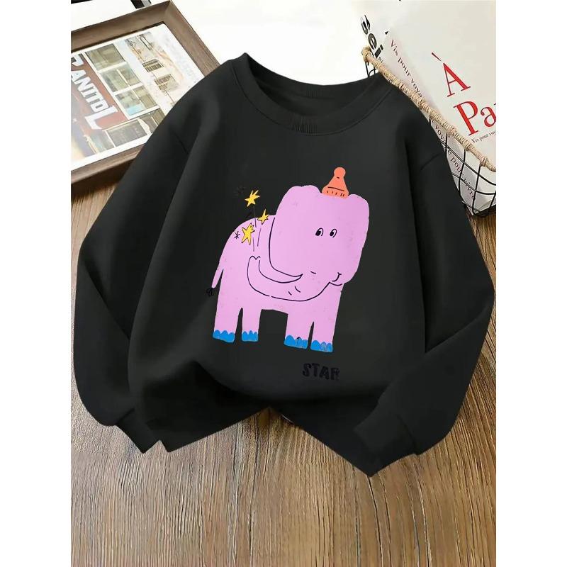 Kids Sweatshirt Round-neck Hoodie - Purple Elephant with Stars And Hat Machine Washable, Spring And Autumn, Sportswear And Casual Wear