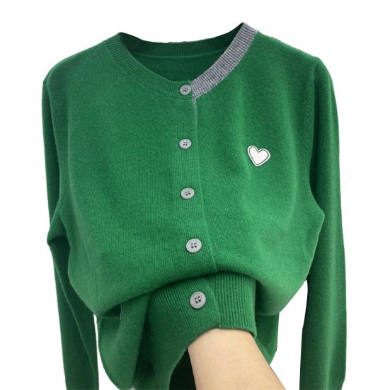 Women Fall Winter Knit Cardigan Single-breasted Round Neck Color Matching Elastic Long