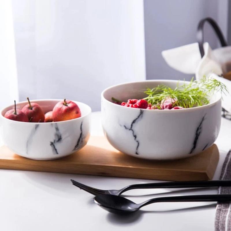 Nordisches Marmor Keramikschüssel-Set – Porzellangeschirr für Frühstück, Reis, Nudeln, Suppe