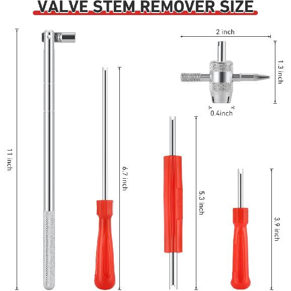 Valve Stem Removal Tool & Taller Tool Kit - 15Pcs TR412/ TR413/ TR414 Tubeless Tire Valve Stems, 20Pcs Valve Caps/Cores, 1Pcs Valve Ertion Taller,