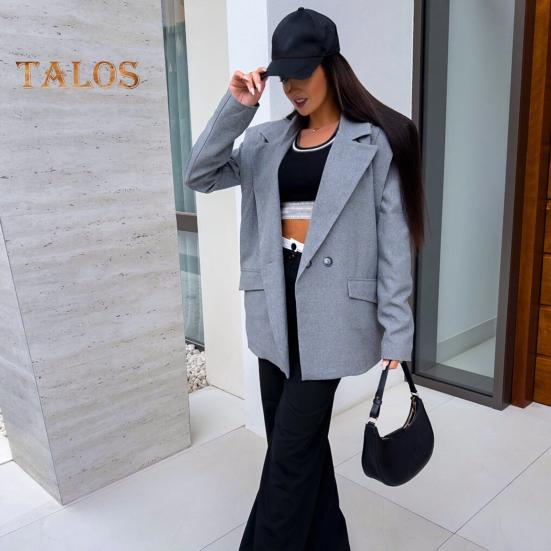 Damkostymkavaj Revers Långärmad Knäppning Kostymjacka Enfärgad Lös passform Fickor med lock Casual Business Ytterkläder