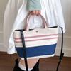 Blue White Striped Stripe Canvas Bag Large Capacity Lunch Bag Portable Weave Handbag  Outdoor