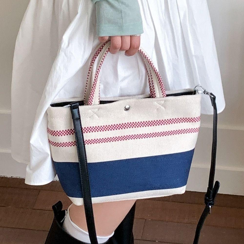 Blue White Striped Stripe Canvas Bag Large Capacity Lunch Bag Portable Weave Handbag  Outdoor